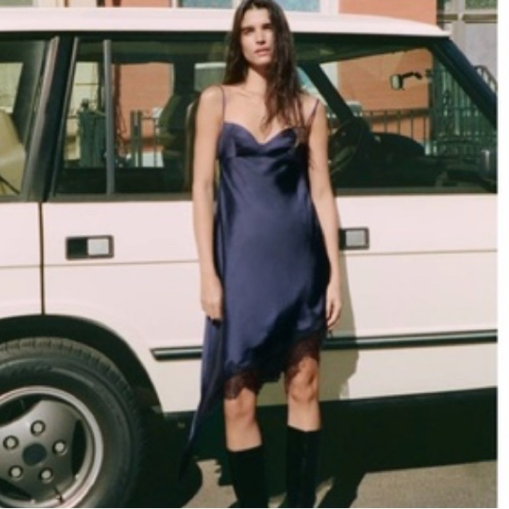 Zara NWT satin asymmetric lace dress viral blue 9188/332